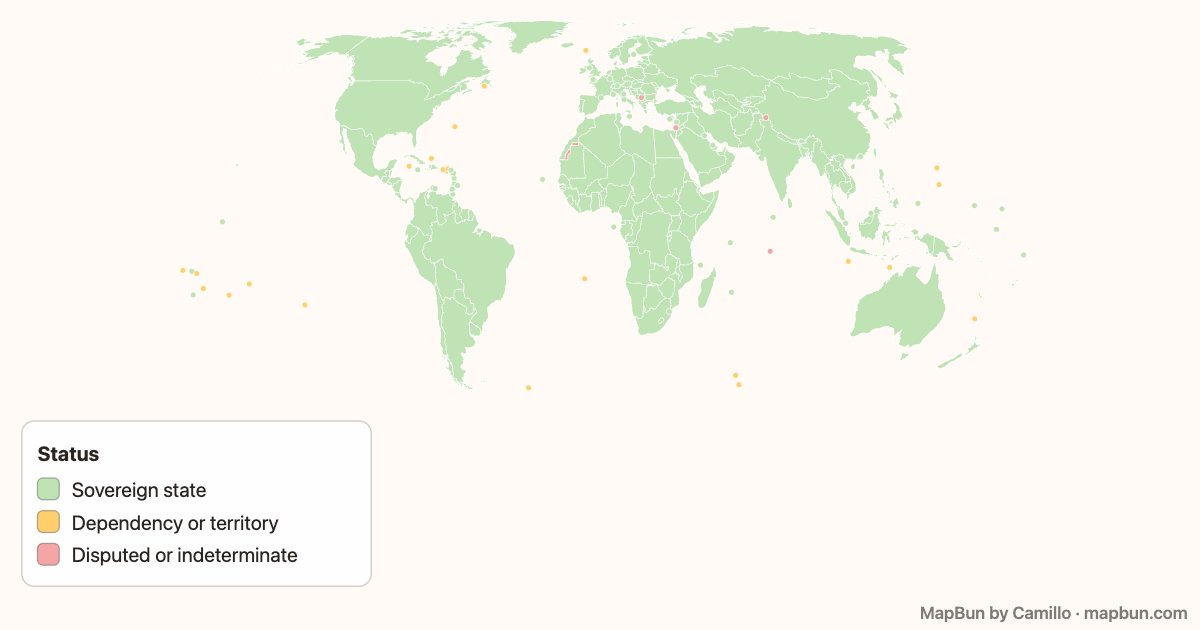 Sovereign states, dependencies and disputed areas